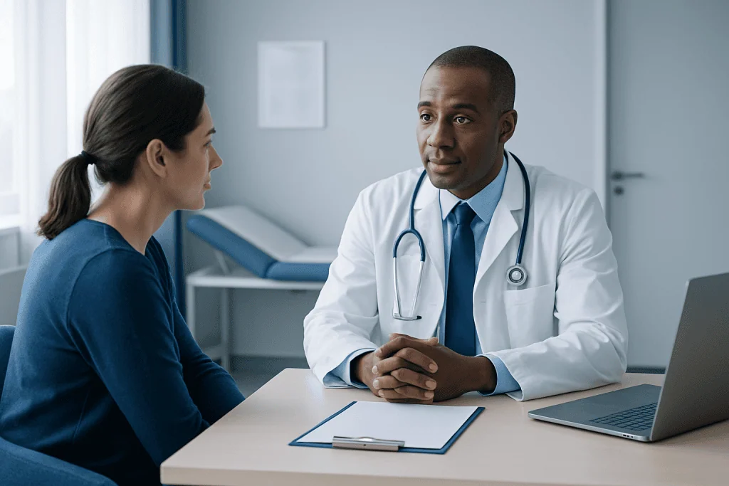 Doctor consulting with a patient in a medical office setting.