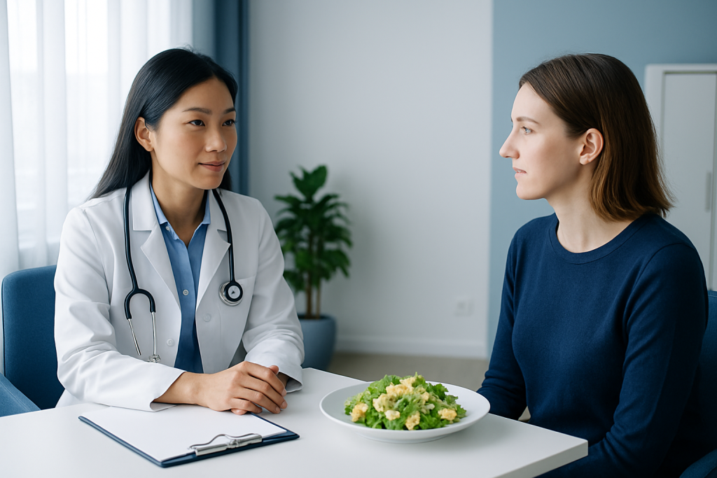 Doctor consulting with patient about health in a clinical setting.