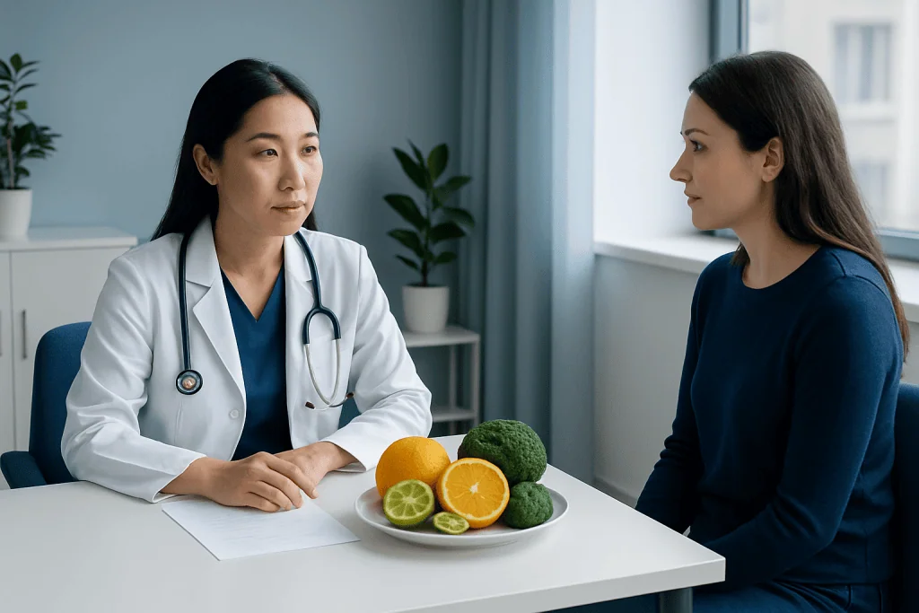 Doctor consulting patient with citrus fruits on table at clinic.