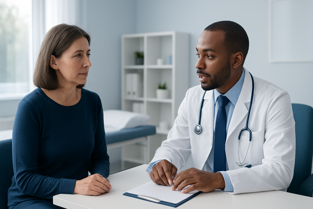 Doctor consulting with a female patient in a medical office setting.