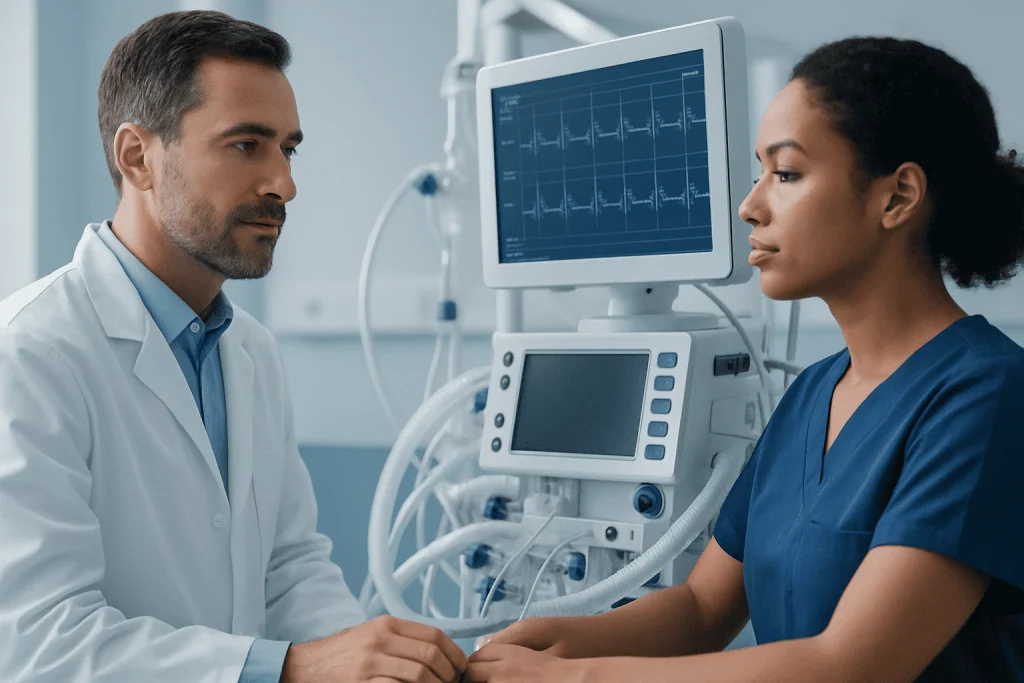 Doctor and nurse monitoring patient with medical equipment in hospital.