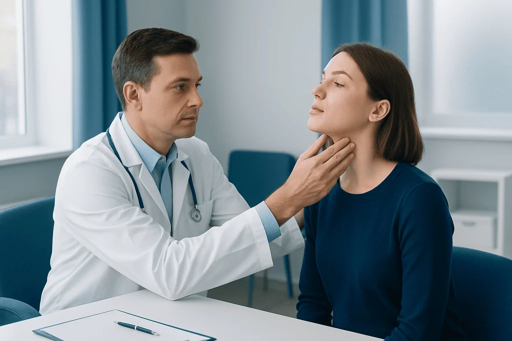 Doctor examining a woman's throat in a medical consultation room.