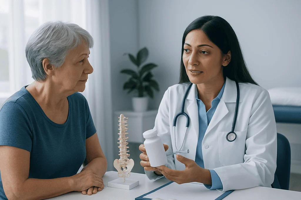 Doctor explaining calcium supplement to elderly woman in clinic.
