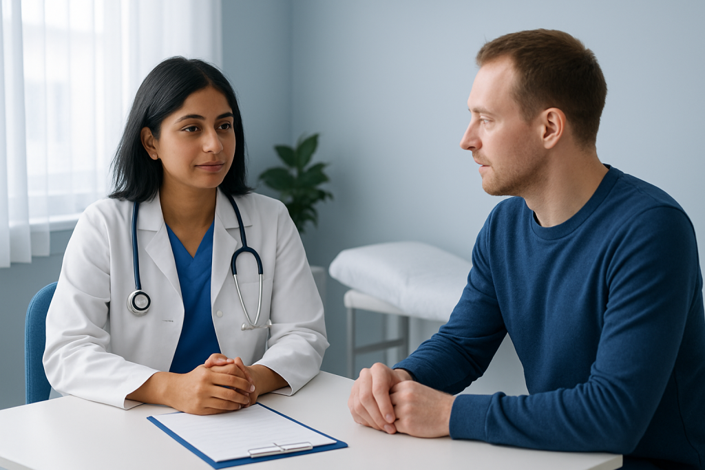 Doctor consulting with a patient in a medical office.