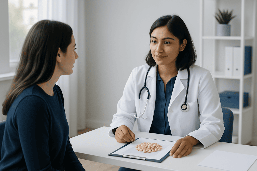 Doctor consulting with patient in a medical office setting.