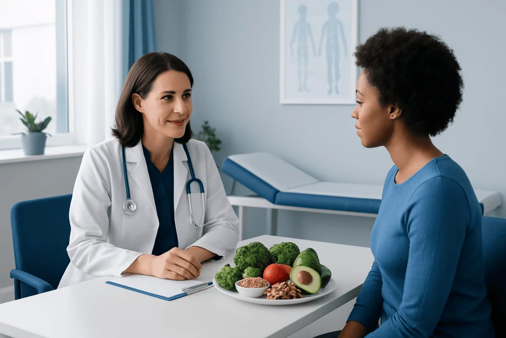 Doctor consulting patient about healthy foods in a medical office.