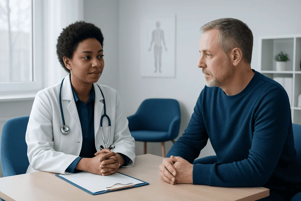 Doctor consulting with male patient in a medical office setting.