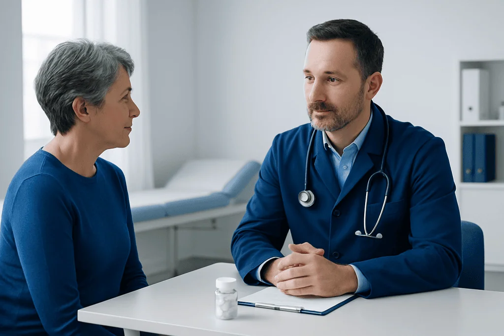 Doctor consulting with an elderly female patient in a medical office.