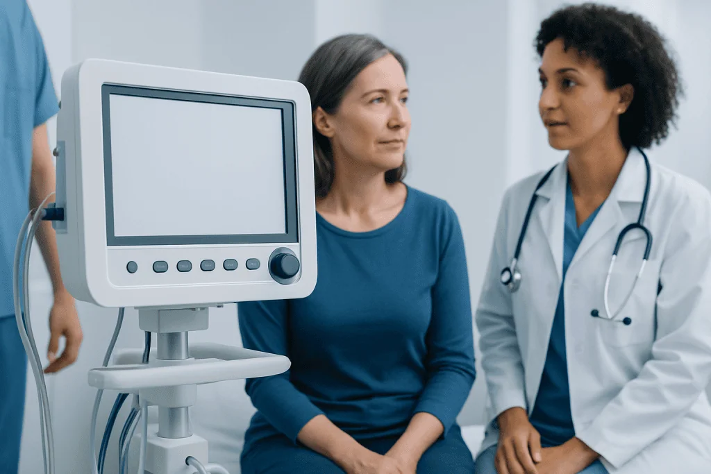 Doctor consulting with a middle-aged woman in a medical office.