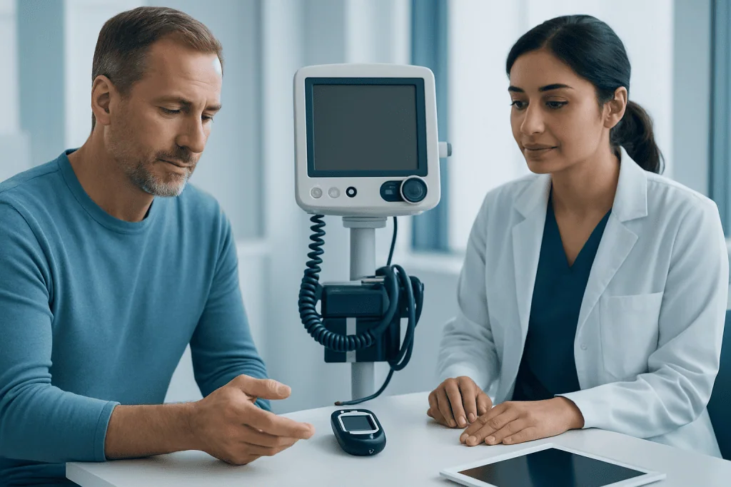 Doctor and patient discussing blood sugar monitor in clinic setting.