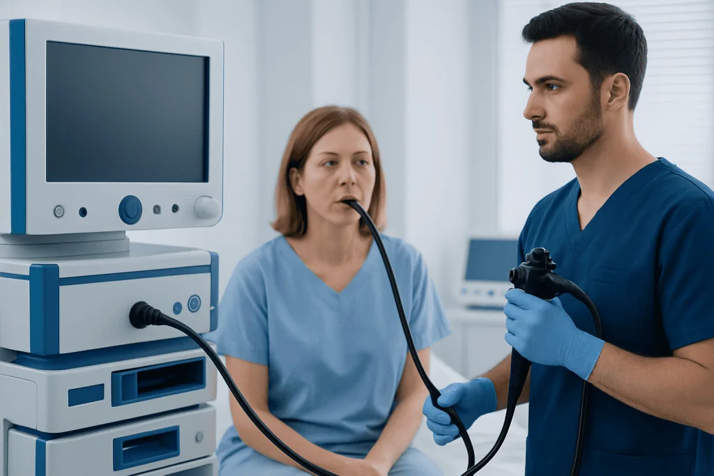 Medical professionals performing a diagnostic test with endoscopy equipment.