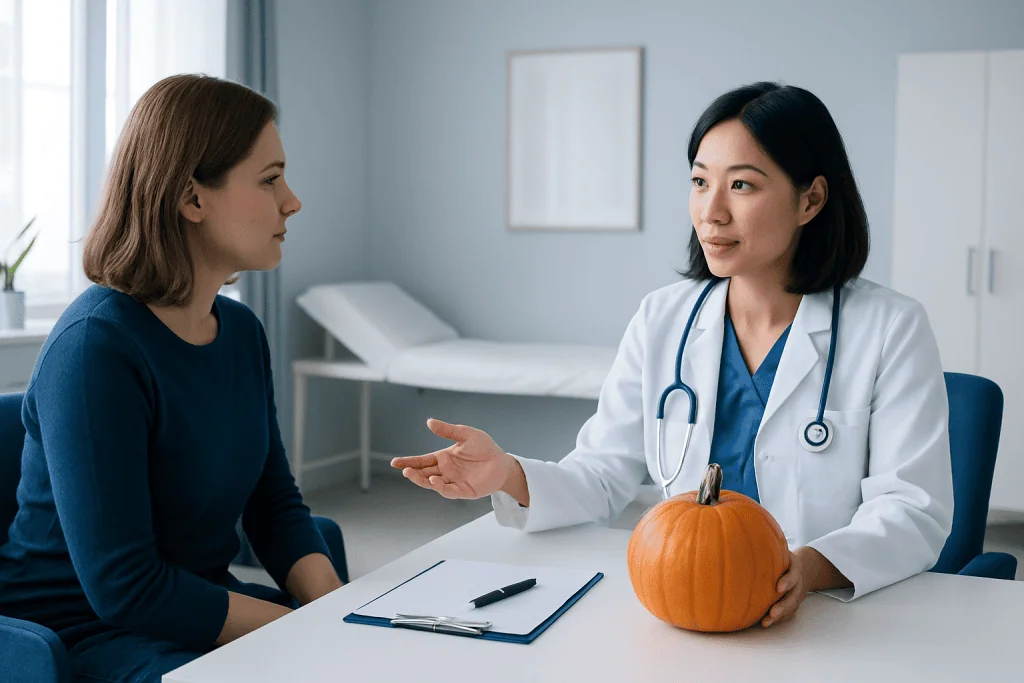 Doctor discussing with patient in a medical consultation room with pumpkin on table.
