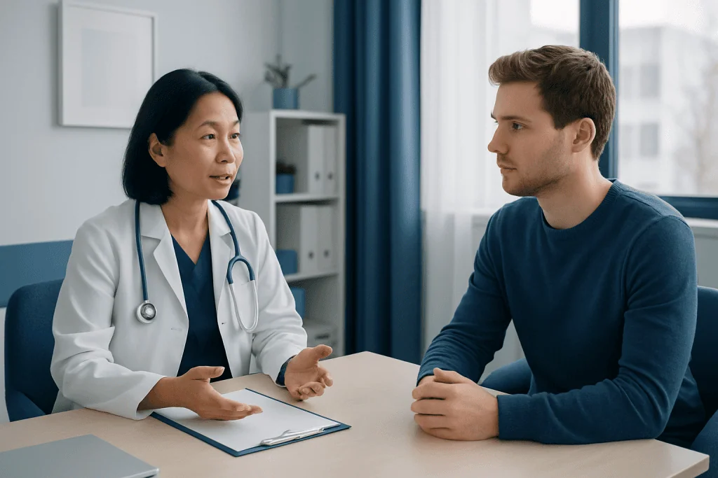 Doctor consulting with a young male patient in a medical office.