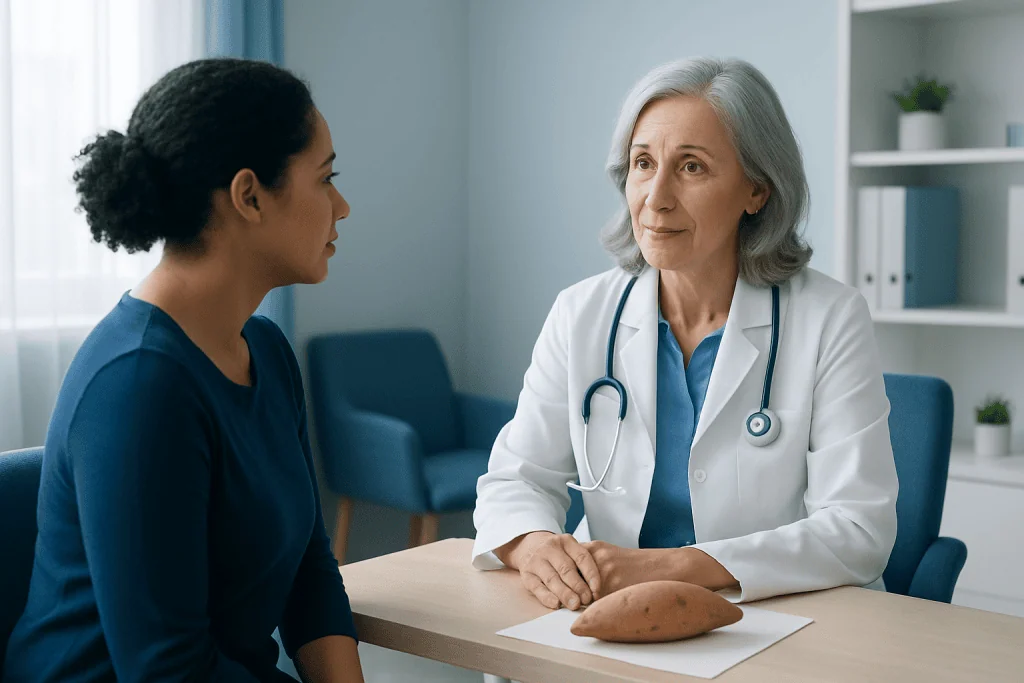 Doctor discussing sweet potato nutrition with patient in a clinical setting.