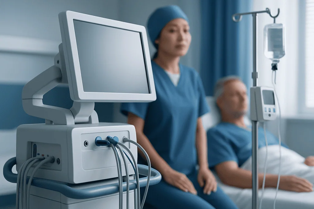 Medical staff monitoring patient with advanced hospital equipment.