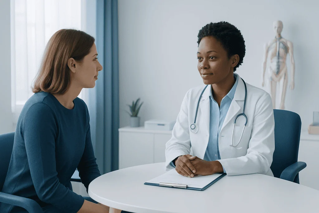 Doctor consulting with a patient in a medical office setting.