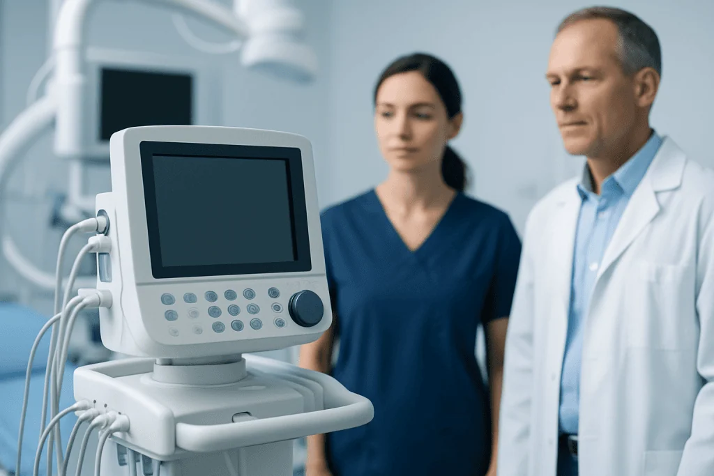 Medical professionals reviewing patient monitor in hospital setting.