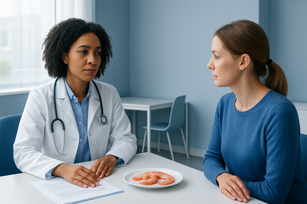 Doctor consulting patient about shrimp allergy or nutrition in a clinical setting.