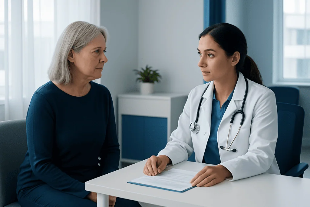 Doctor consulting with an elderly female patient in a medical office.