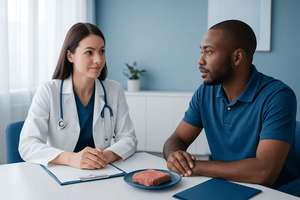 Doctor consulting with patient in a medical office setting.