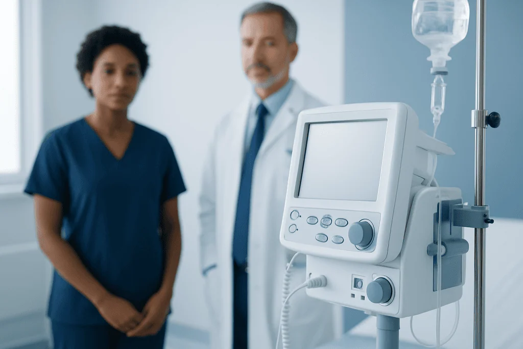 Medical professionals with ventilator in hospital setting.