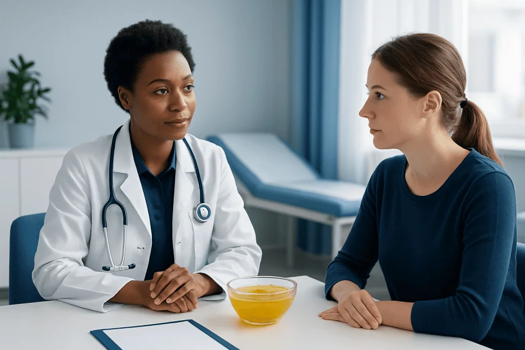 Doctor consulting with patient in hospital room for health advice.