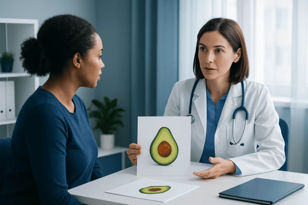 Doctor explaining avocado health benefits to patient in consultation room.