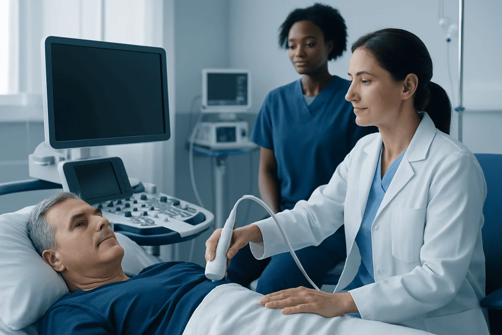 Doctor performing an ultrasound on a patient in a hospital room.