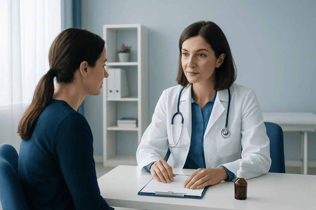 Doctor consulting with a patient in a modern medical office setting.