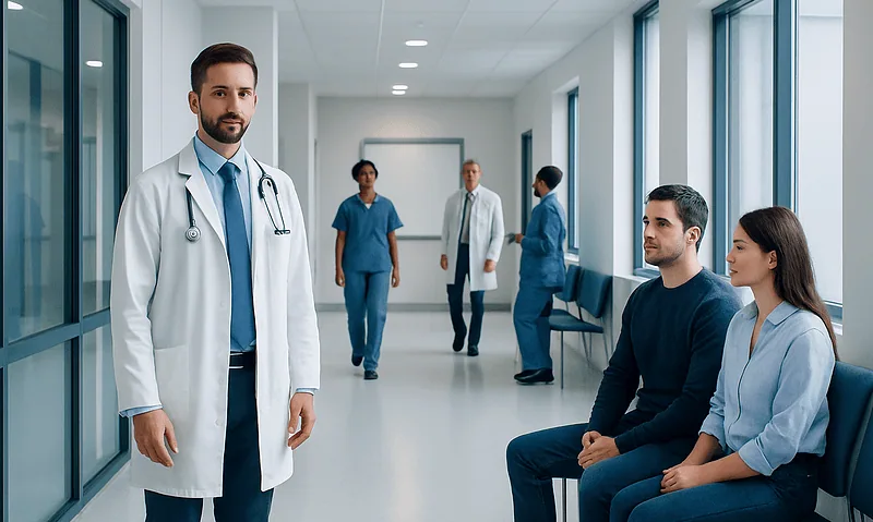 Medical team in hospital corridor with patient consultation scene.