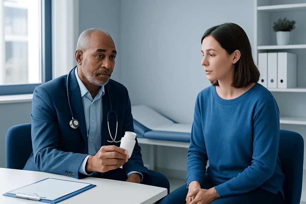 Doctor explaining medication to a patient in a clinic setting.