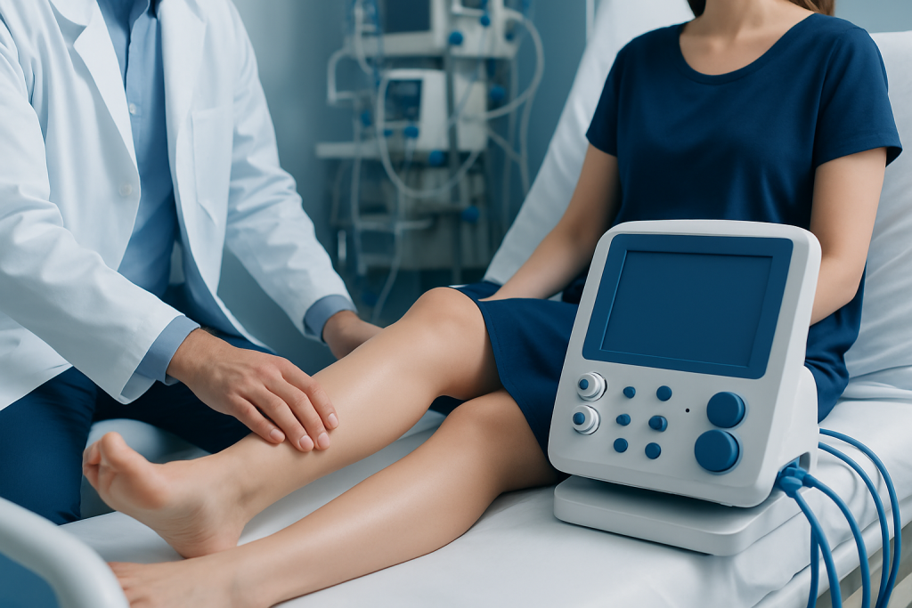 Medical professional performing nerve assessment on patient's leg with diagnostic device.