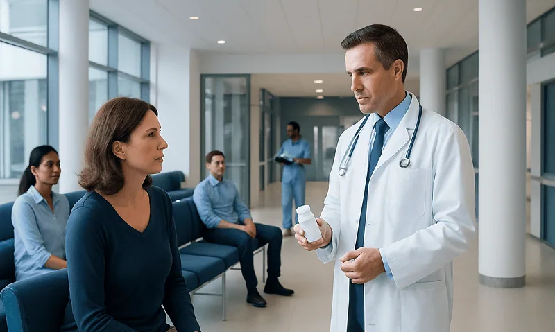 Doctor explaining medication to a patient in a hospital corridor.