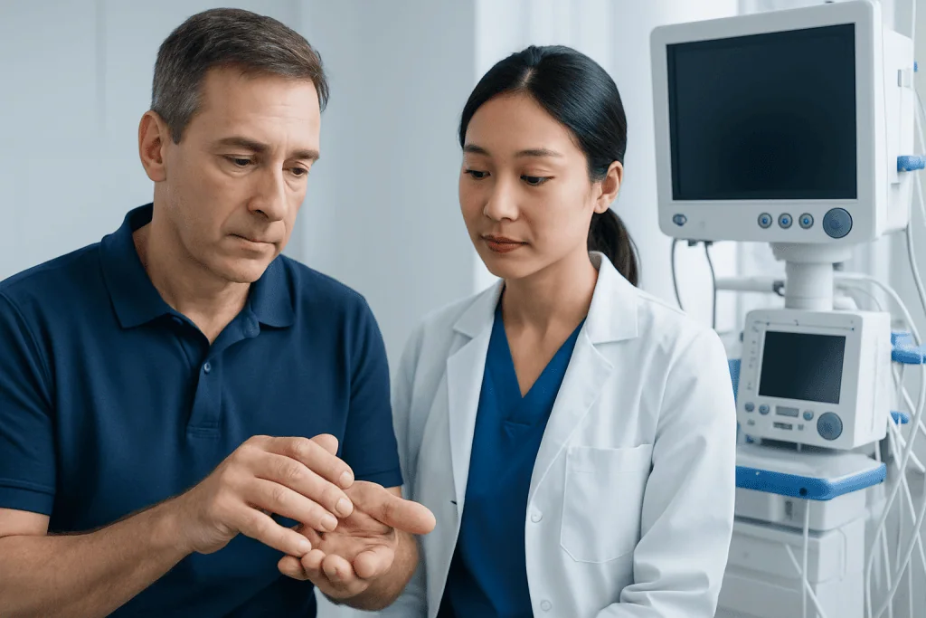 Doctor examining a patient's finger for clubbing symptoms in a clinical setting.