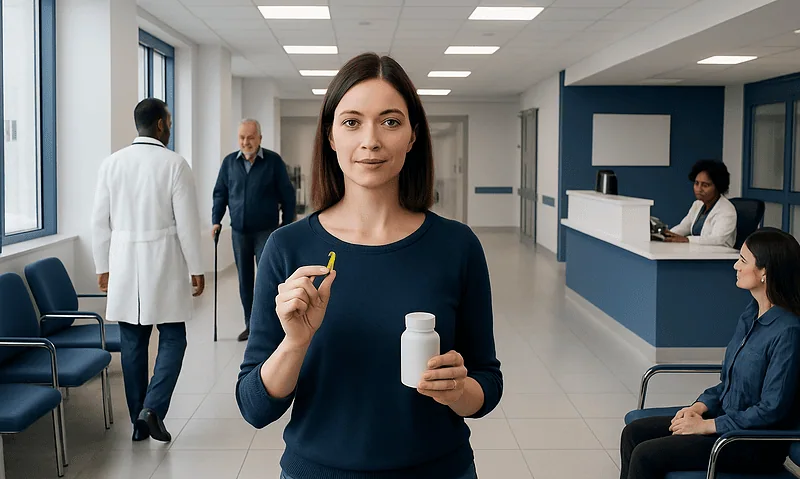 Young woman holding supplement bottle and pill in hospital corridor.