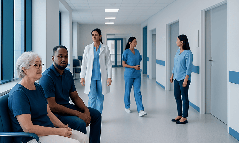 Hospital corridor with medical staff and patient in blue scrubs.