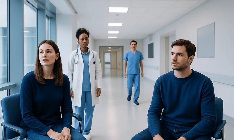 Patients waiting in a hospital corridor with medical staff nearby.