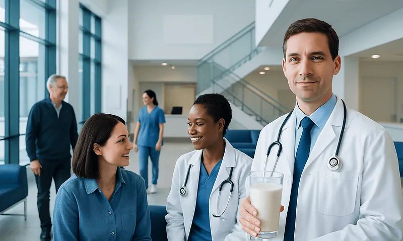Doctors and patients in a modern hospital lobby with large windows.