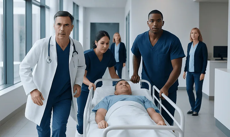 Code Blue — Explained by Medical Evidence, Not Myths 2 Medical team attending to a patient in a hospital corridor.