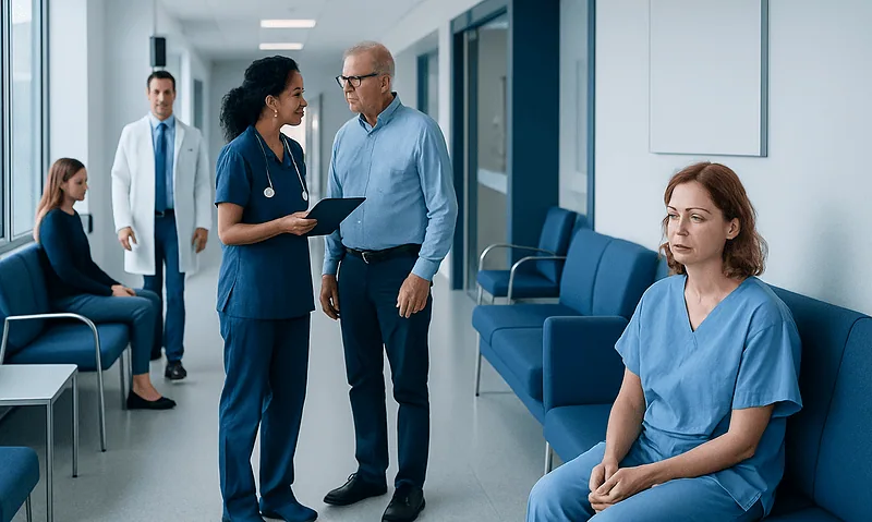 Medical staff discussing patient care in hospital corridor.