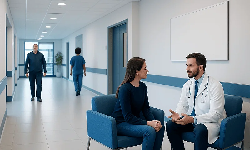 Doctor consulting with a patient in a hospital corridor.