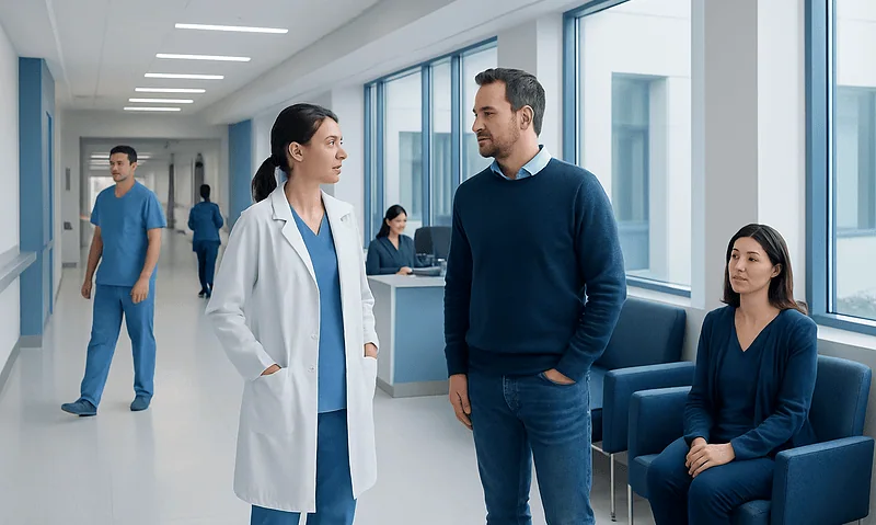 Medical consultation in a modern hospital corridor with healthcare professionals and patients.
