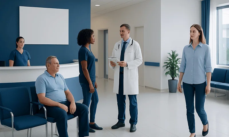 Doctor consulting with patients in a hospital waiting area.
