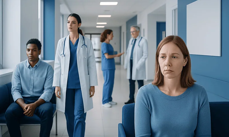 Patients waiting in a hospital corridor with medical staff nearby.