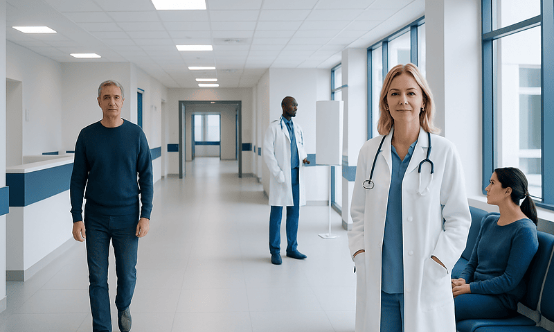 Medical professionals and patients in a modern hospital corridor.