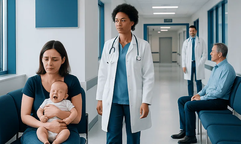 Pediatric patient with mother and medical staff in hospital corridor.
