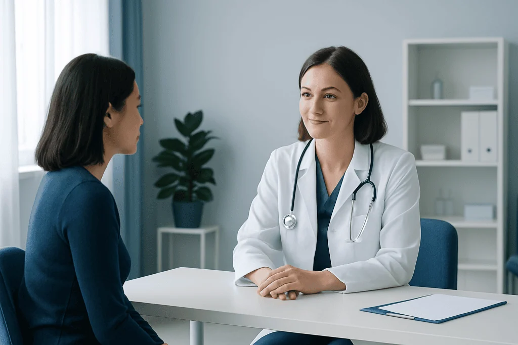 Doctor consulting with a patient in a modern medical office.