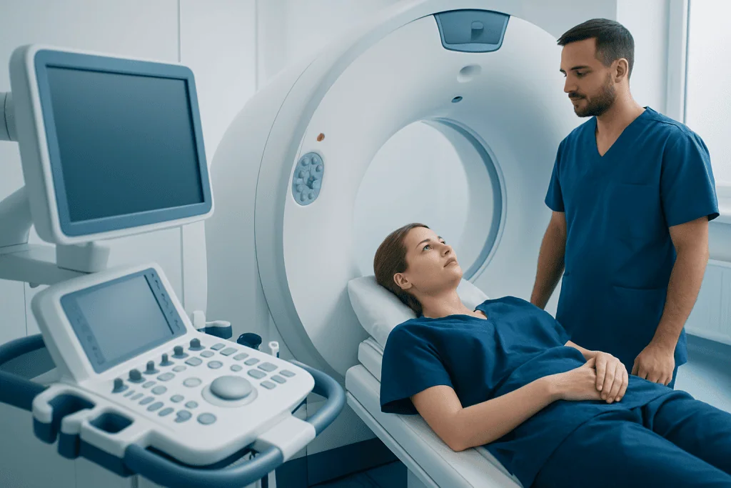 Medical technician explains MRI scan results to female patient in hospital.