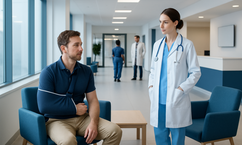 Patient with arm injury consulting a doctor in hospital corridor.