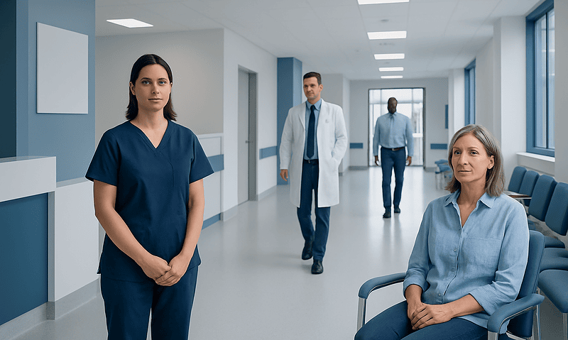Medical professionals in a hospital corridor with a patient sitting nearby.